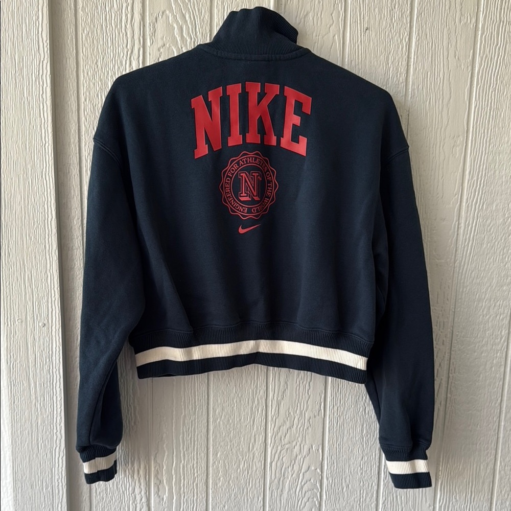 Nike Navy Blue Phoenix Fleece Heritage Quarter-Zip Crop Sweatshirt sz S - Picture 2 of 7